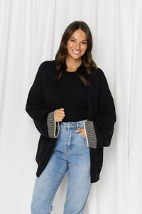 Tilda Contrast Stitch Open Front Knit Cardi-Mocha