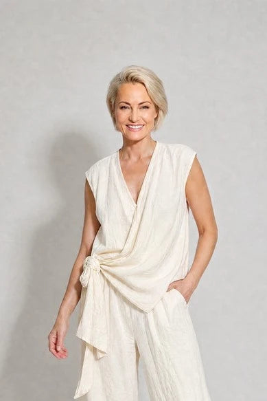 Temptation Lane Natural Wrap Top | Linen Viscose Blend