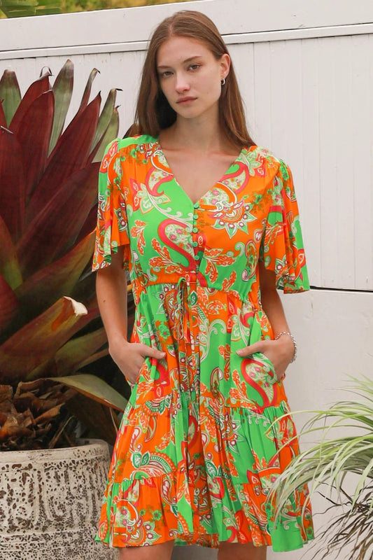 Nina Orange & Green Paisley Rayon Mini Dress