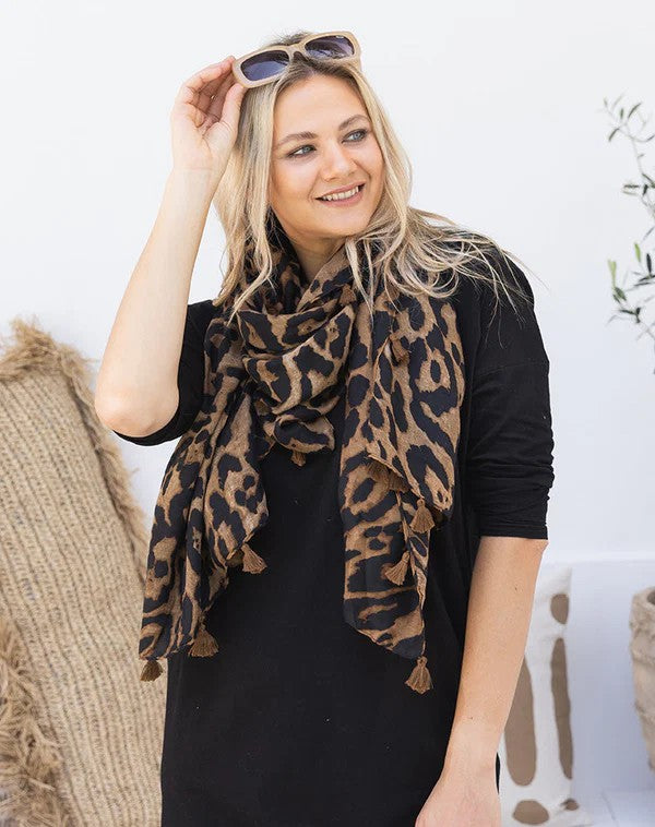 Animal Print Scarf - Brown Tassel - Cotton Blend