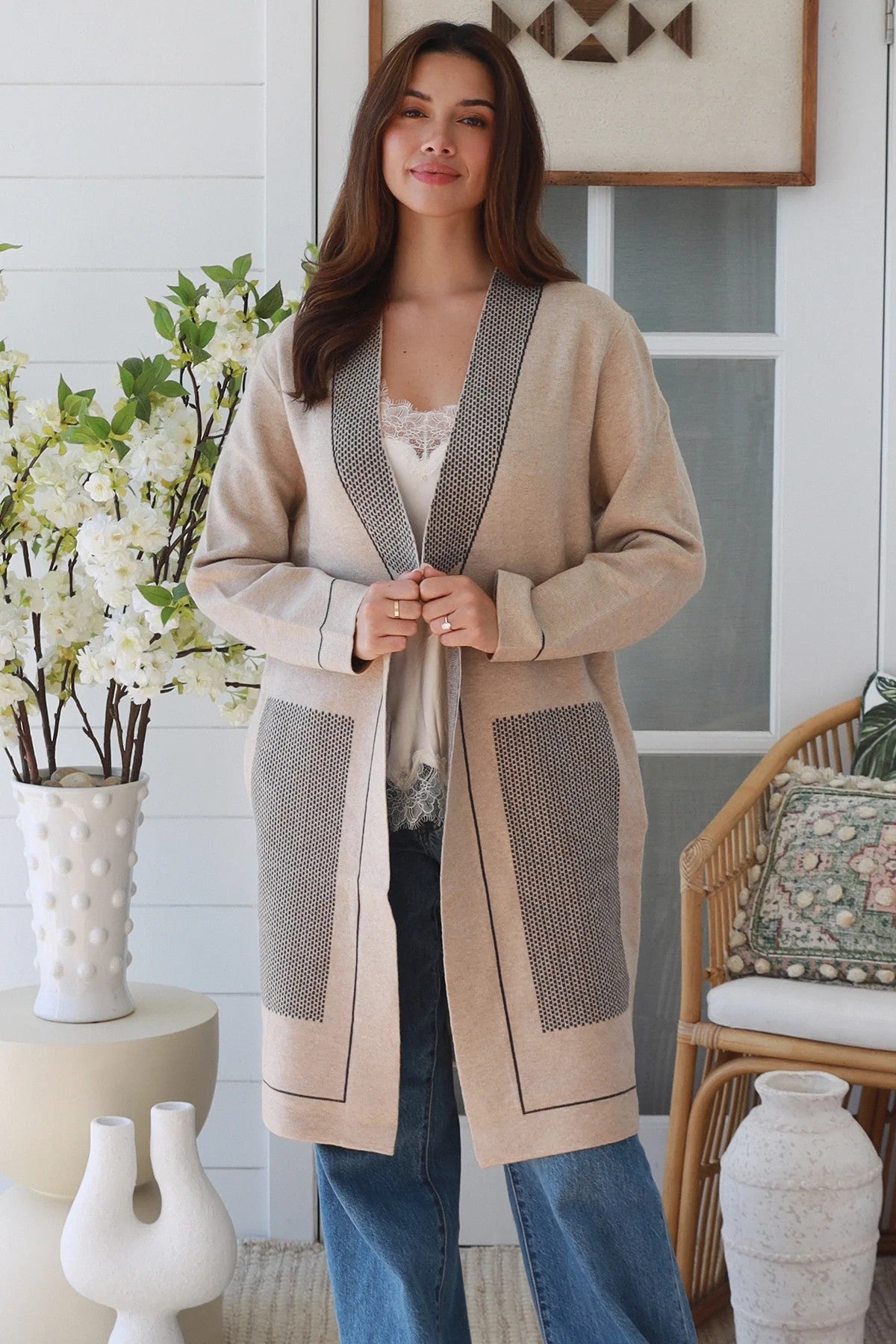 Vienna Luxe Longline Knit Cardigan – Oatmeal Beige-Free Size