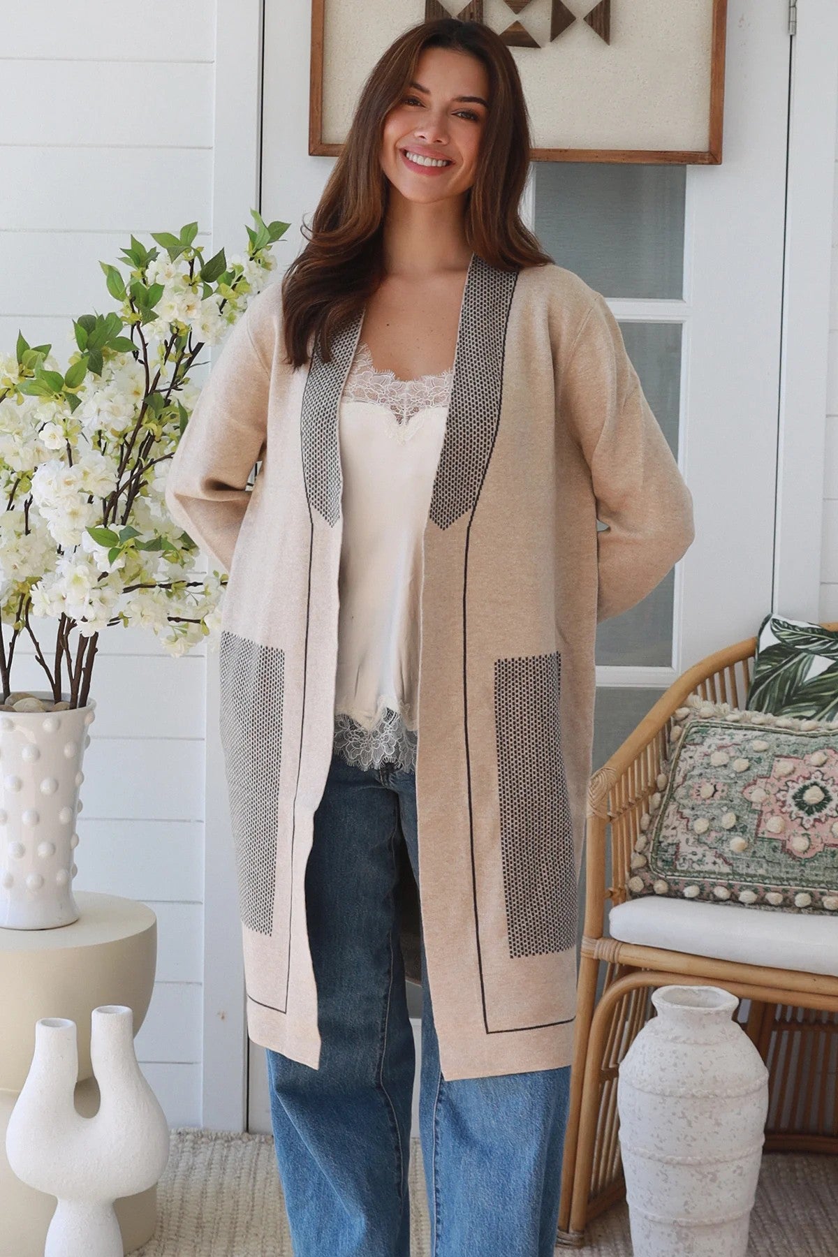 Vienna Luxe Longline Knit Cardigan – Oatmeal Beige-Free Size