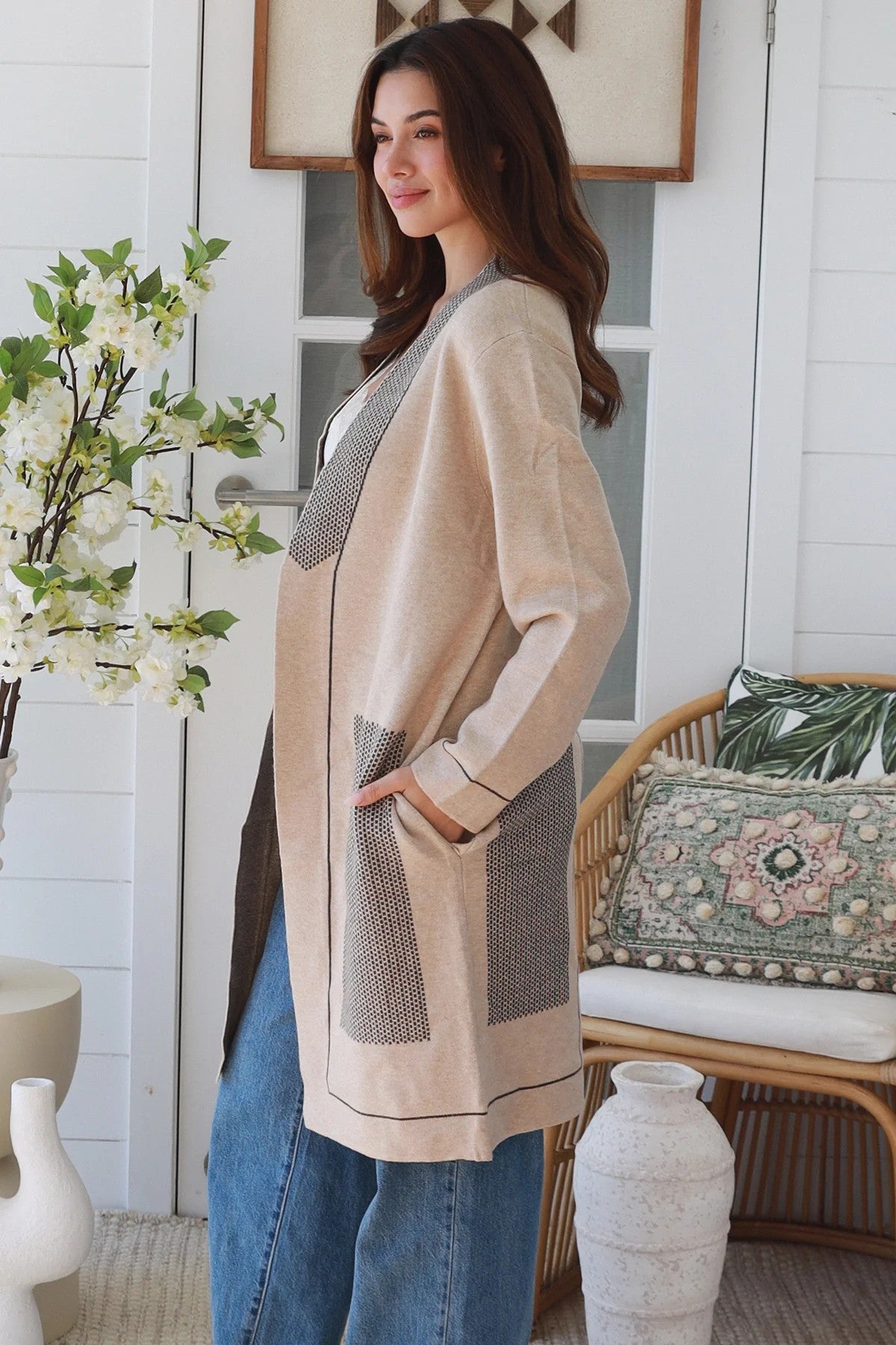 Vienna Luxe Longline Knit Cardigan – Oatmeal Beige-Free Size