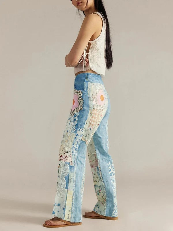 Willow Patchwork Wide Leg Jeans – Vintage Floral Denim