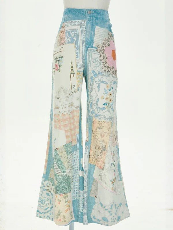 Willow Patchwork Wide Leg Jeans – Vintage Floral Denim