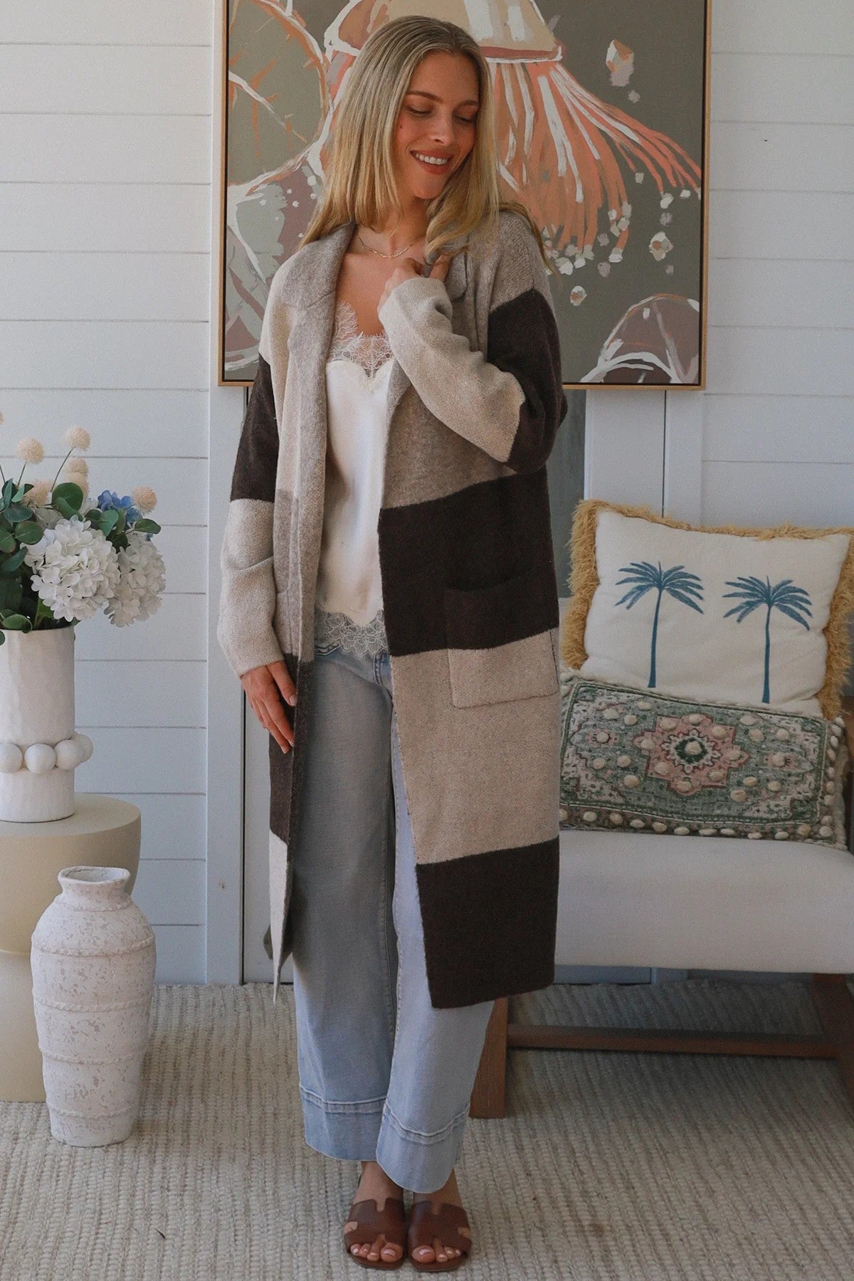 Women’s Wool Blend Longline Cardigan | Neutral Colour Block Knit Coatigan