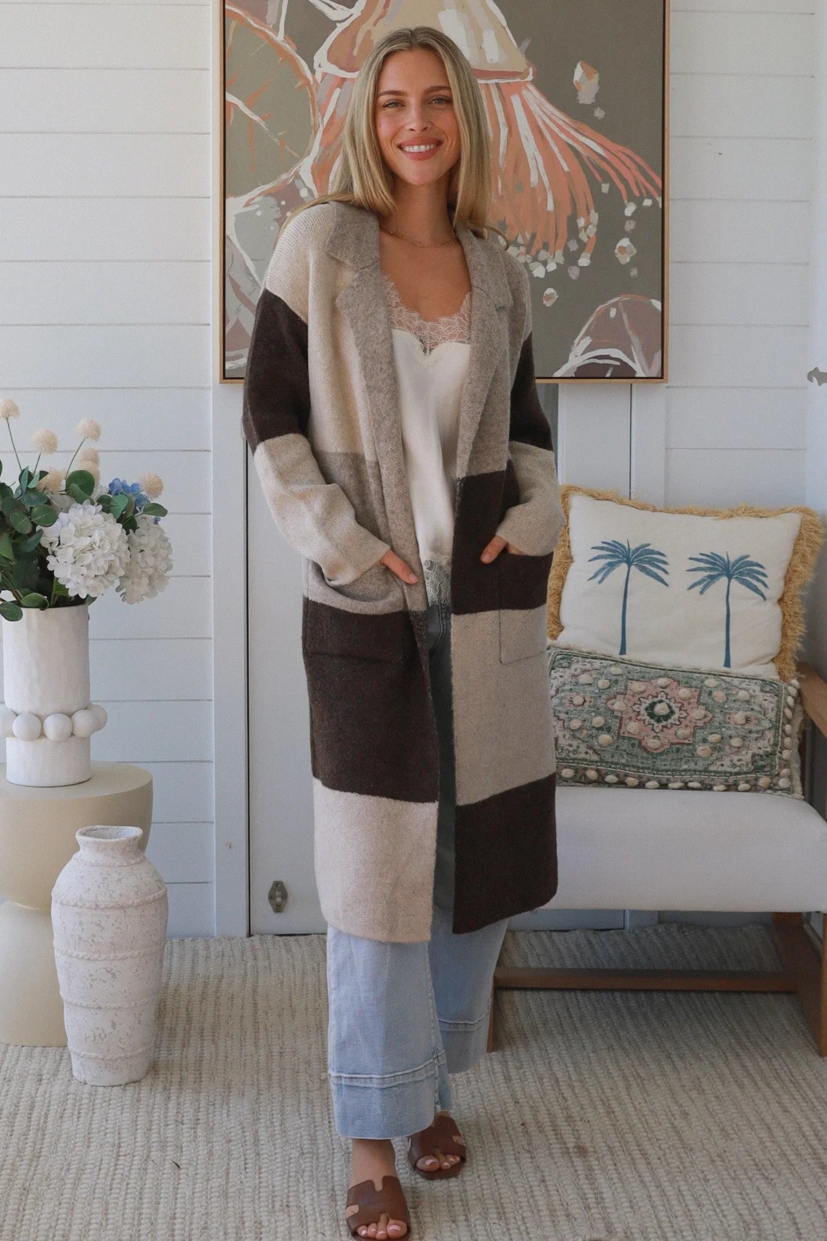 Women’s Wool Blend Longline Cardigan | Neutral Colour Block Knit Coatigan