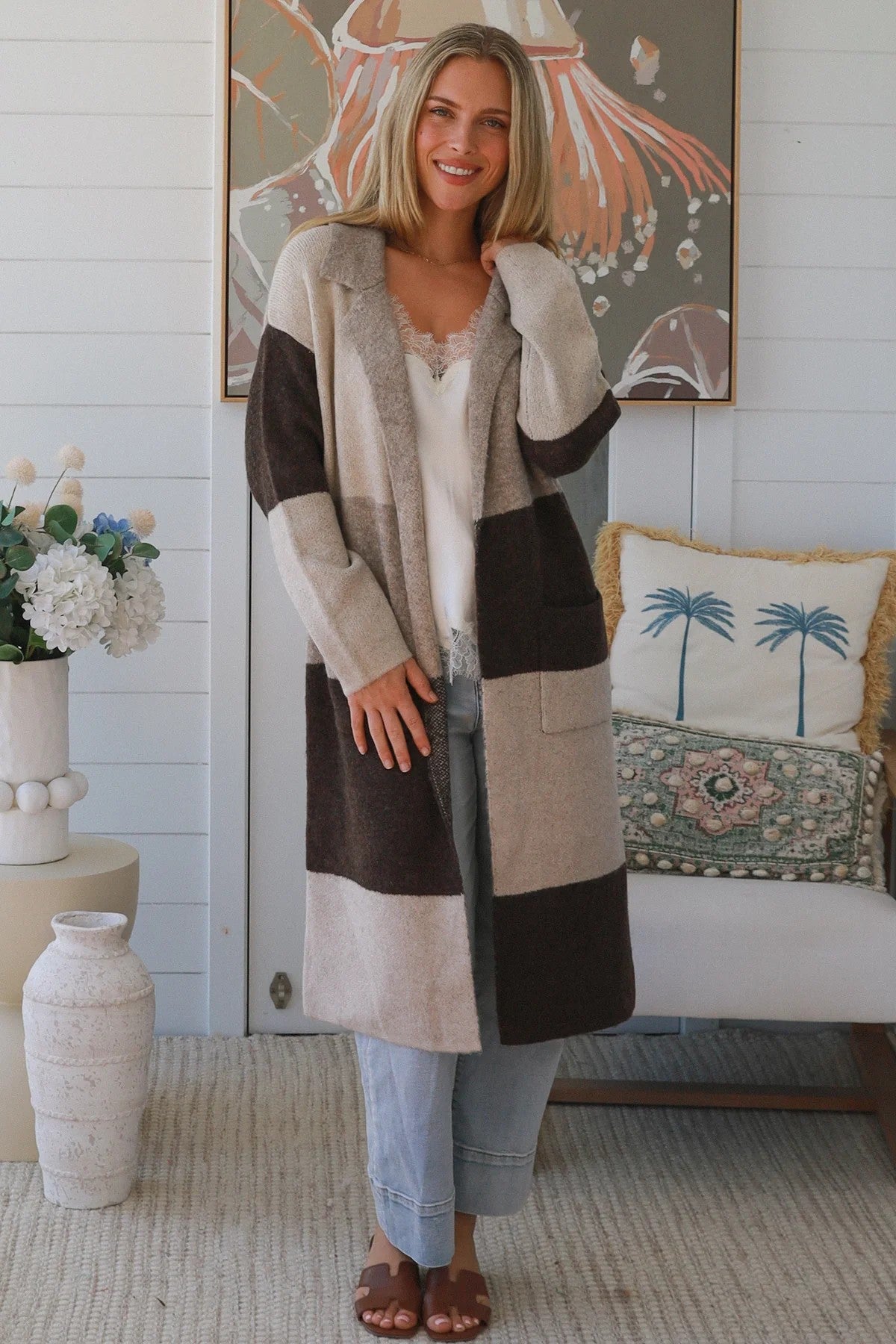 Women’s Wool Blend Longline Cardigan | Neutral Colour Block Knit Coatigan
