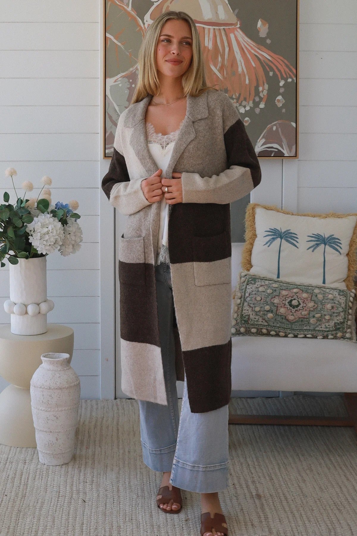 Women’s Wool Blend Longline Cardigan | Neutral Colour Block Knit Coatigan