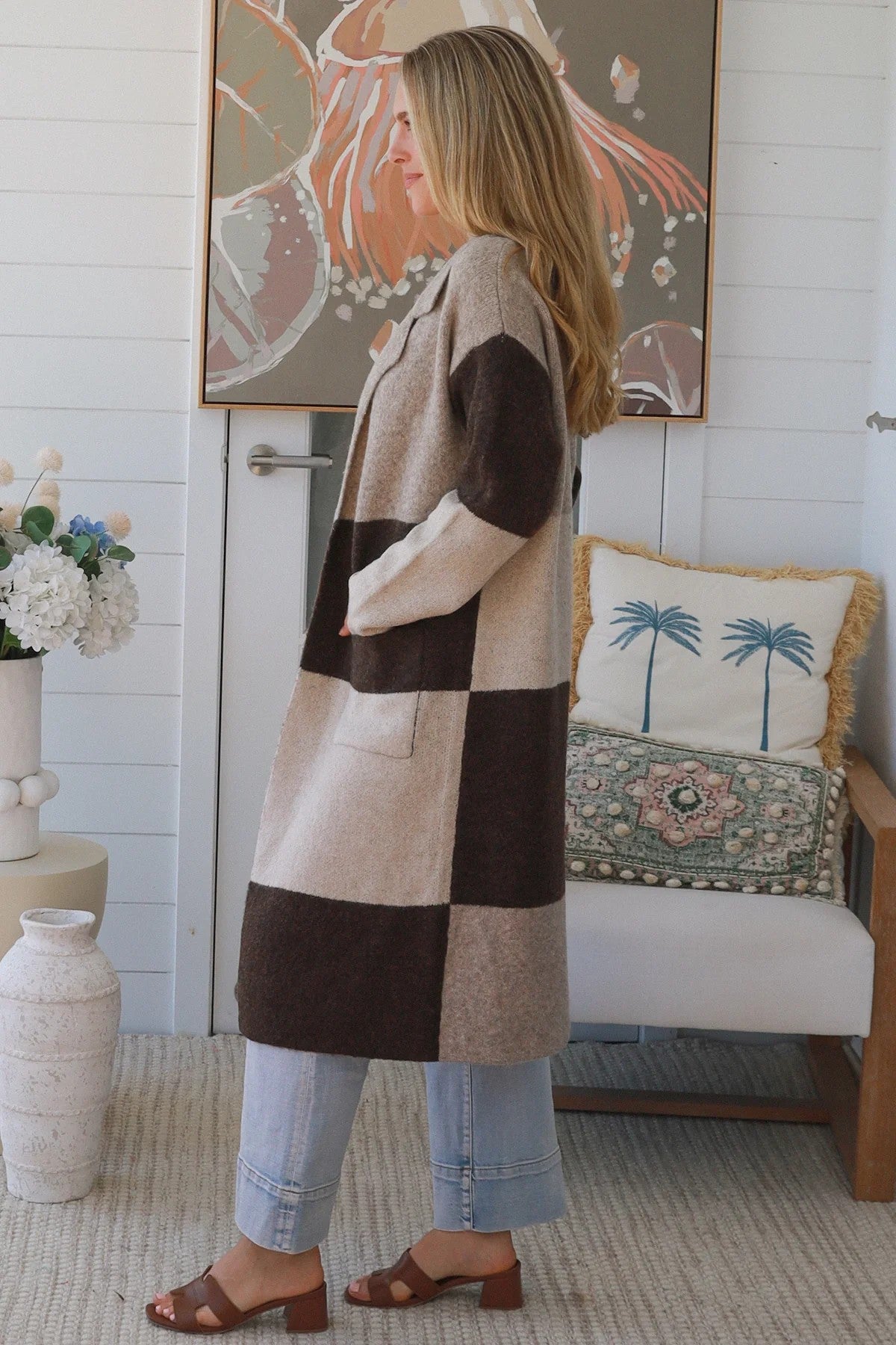 Women’s Wool Blend Longline Cardigan | Neutral Colour Block Knit Coatigan