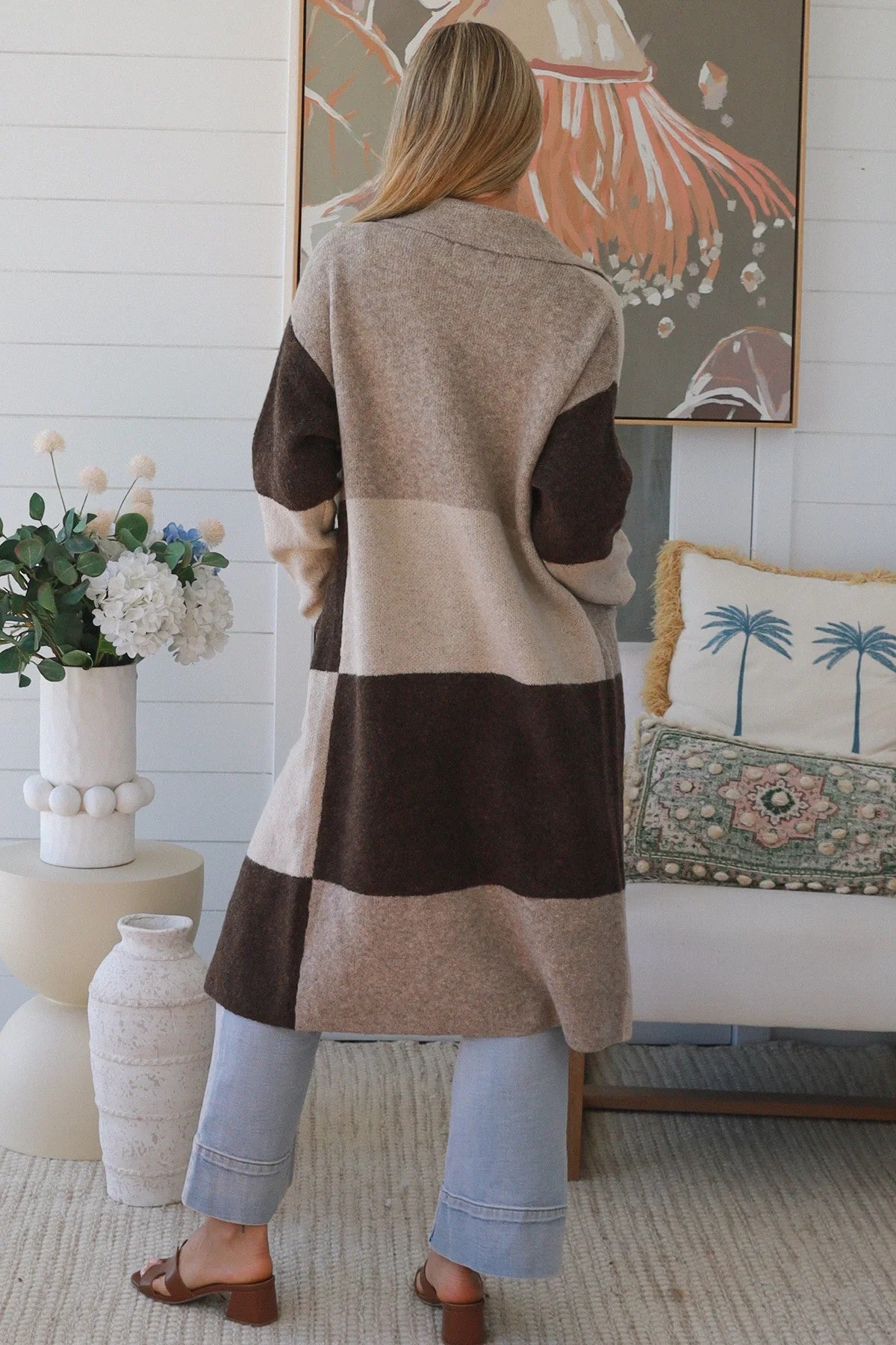 Women’s Wool Blend Longline Cardigan | Neutral Colour Block Knit Coatigan
