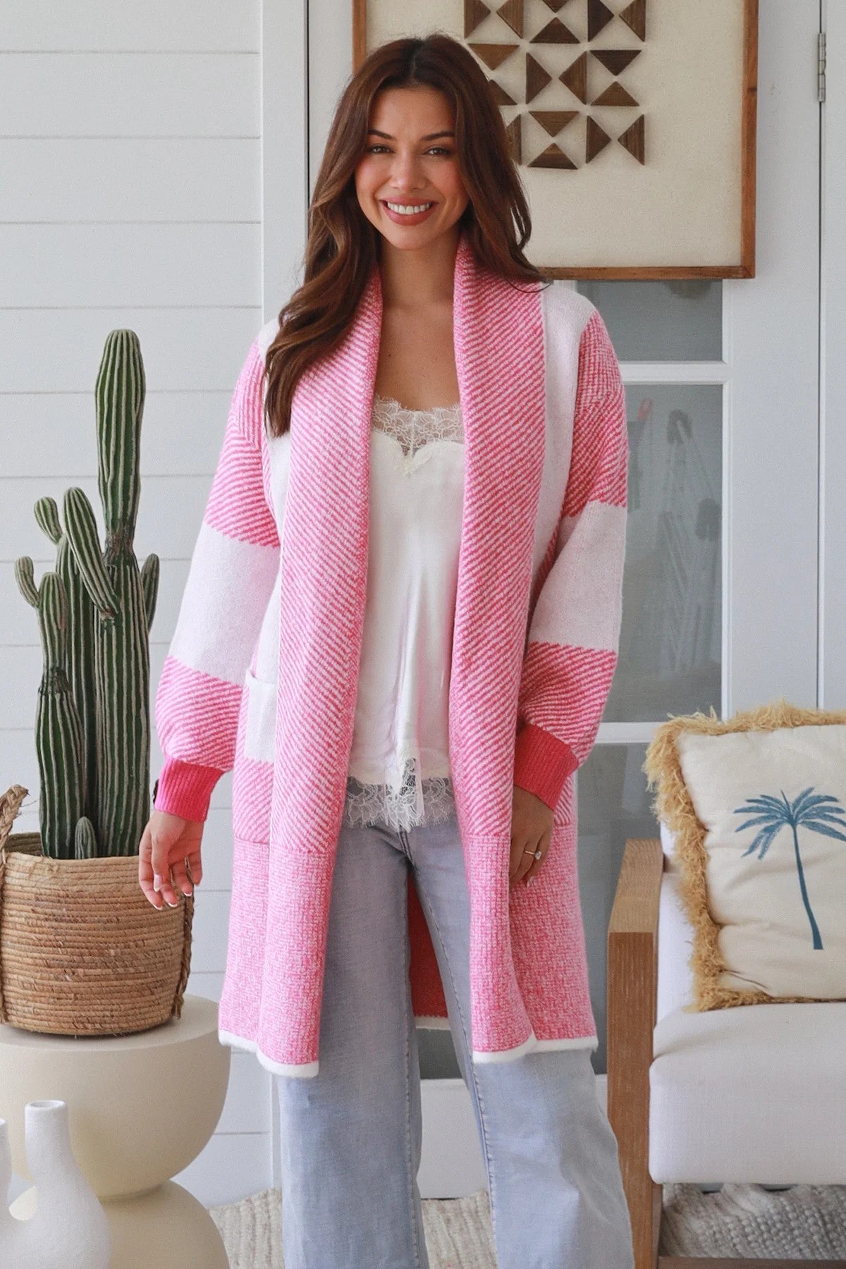 Women’s Pink Wool Blend Cardigan | Soft Longline Knit Cardigan