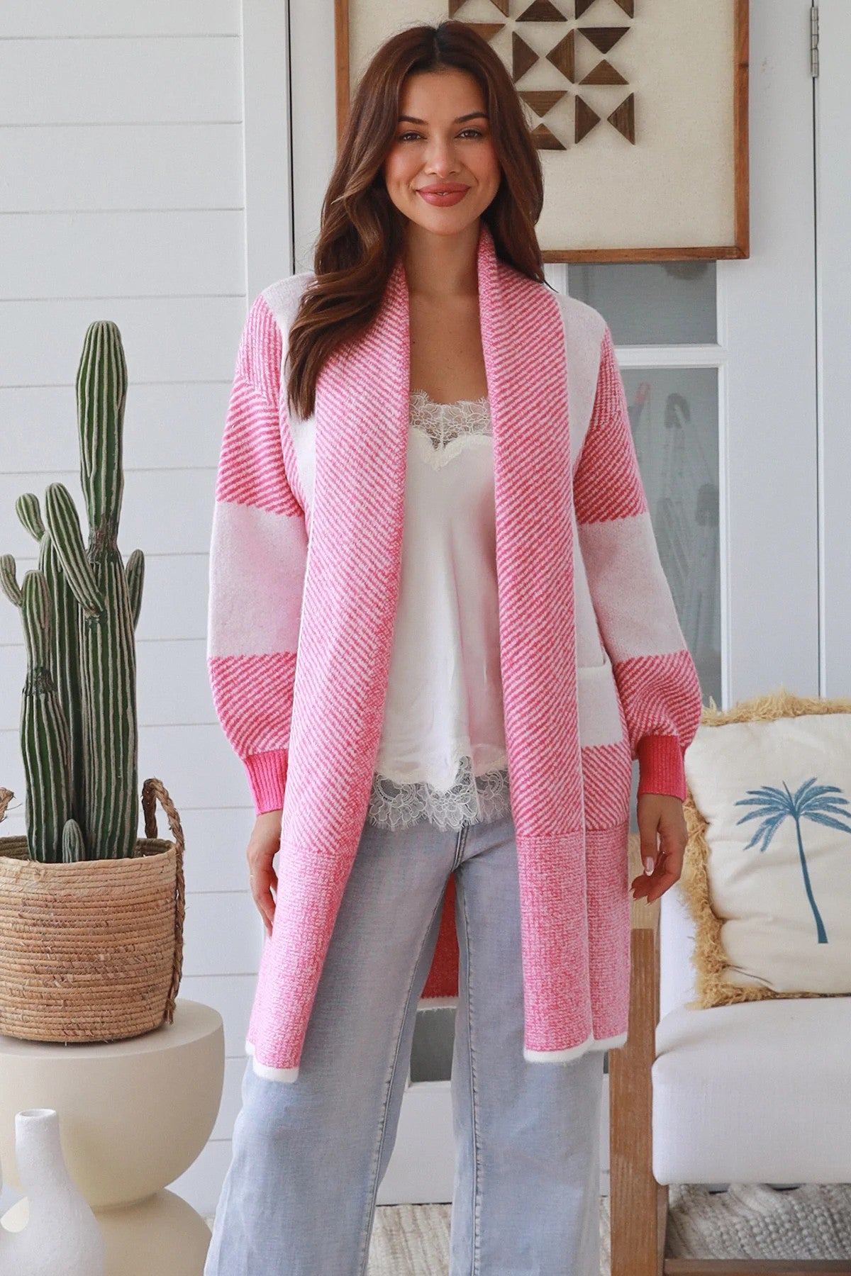 Women’s Pink Wool Blend Cardigan | Soft Longline Knit Cardigan
