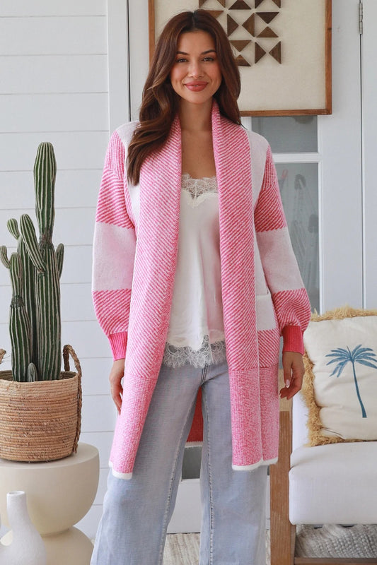 Women’s Pink Wool Blend Cardigan | Soft Longline Knit Cardigan