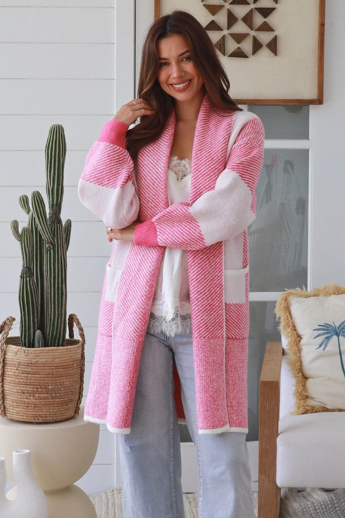 Women’s Pink Wool Blend Cardigan | Soft Longline Knit Cardigan